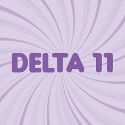Delta 11 in purple text on a purple swirled background	