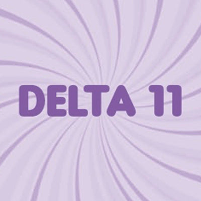 Delta 11 in purple text on a purple swirled background