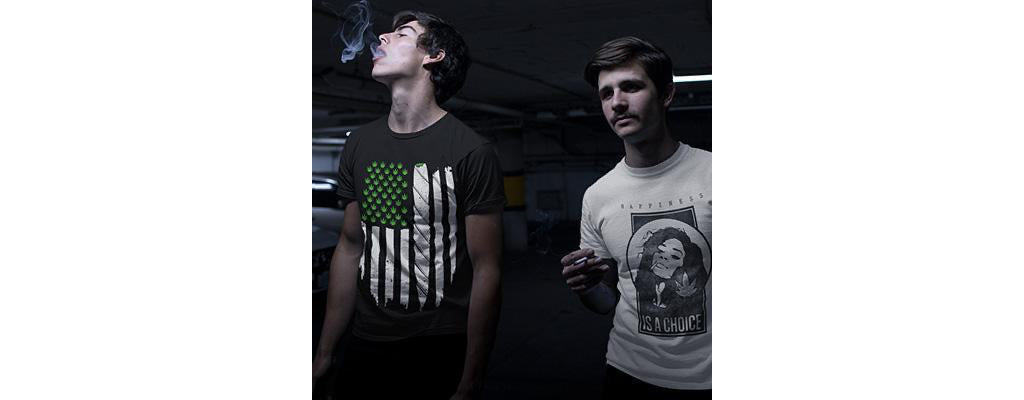 two men smoking in stoner shirts 