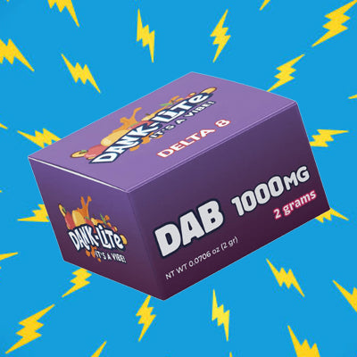Dank-Lite product image on a blue background with lightning bolts