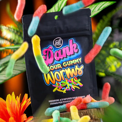 Dank Sour Gummy Worms product image on a multicolored background