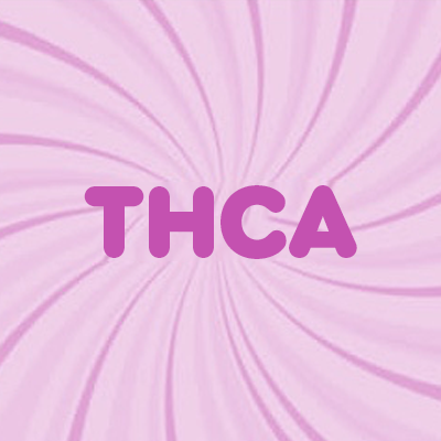 THCA written in purple font on a pink swirl background	