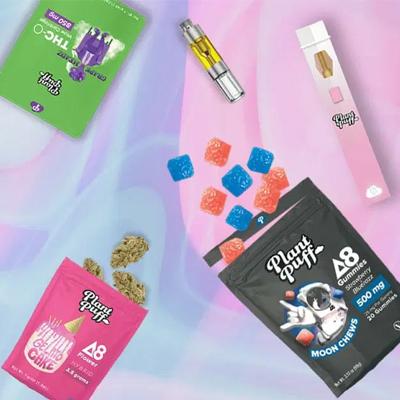 THC & CBD Products at SMOKEA® on a pink and blue light background